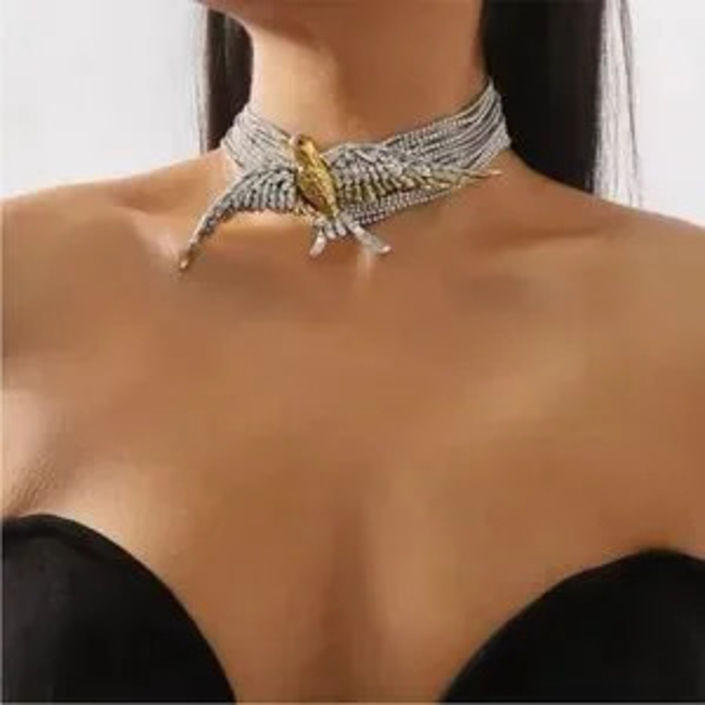 Crystal-Encrusted Silver Swallow Choker